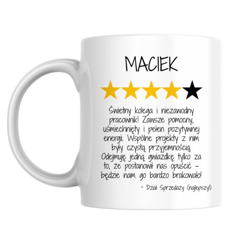 Kubek Opinia kolegi na odejście z pracy z dowolnym imieniem