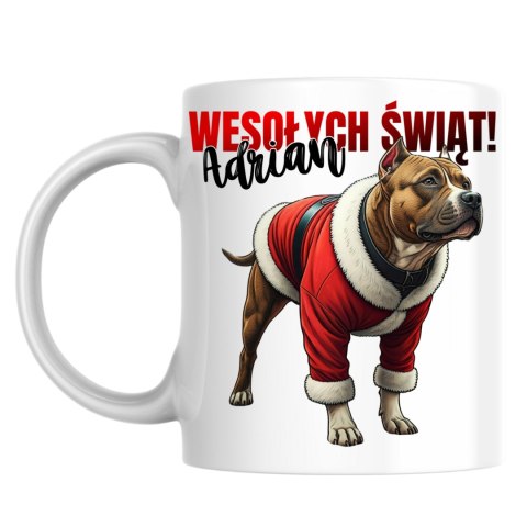 Kubek Pies Amstaf w stroju Świętego Mikołaja z dowolnym imieniem