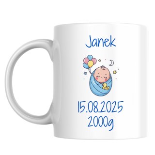 Kubek z metryczką noworodka - chłopiec z dowolnym tekstem