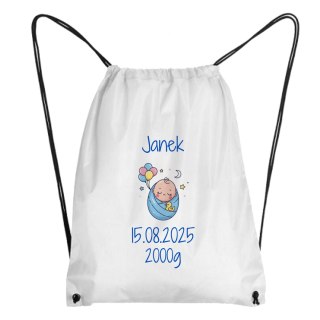 Worek z metryczką noworodka - chłopiec z dowolnym tekstem