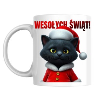 Kubek Czarny kot w stroju Świętego Mikołaja