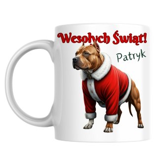 Kubek Pies Amstaff w stroju Świętego Mikołaja z dowolnym imieniem