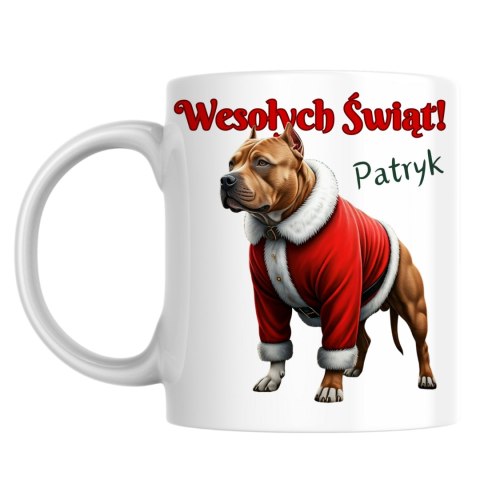 Kubek Pies Amstaff w stroju Świętego Mikołaja z dowolnym imieniem