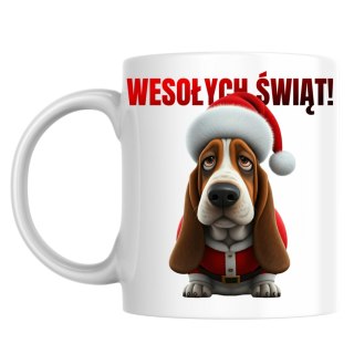 Kubek Pies Basset hound w stroju Świętego Mikołaja