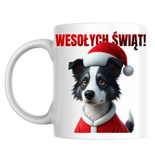 Kubek Pies Border collie w stroju Świętego Mikołaja