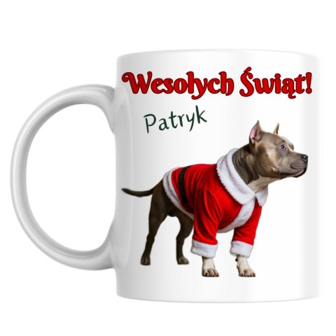Kubek Pies Świąteczny amstaff z dowolnym imieniem