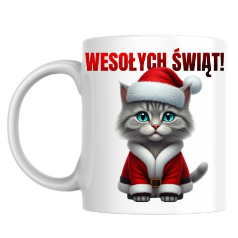 Kubek Siwy kot w stroju Świętego Mikołaja