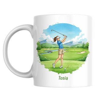 Kubek dziewczyna gra w golfa z dowolnym imieniem