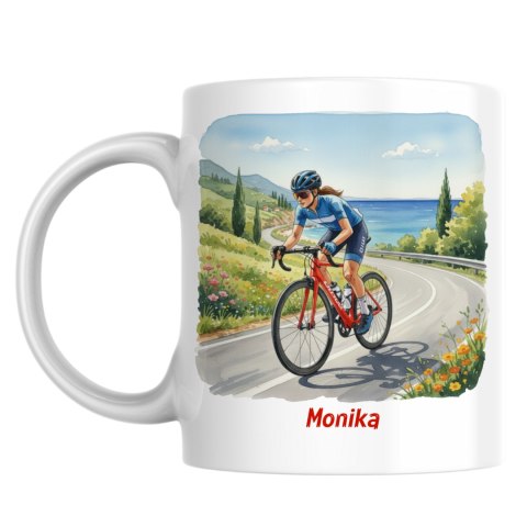 Kubek dziewczyna na rowerze szosowym z dowolnym imieniem