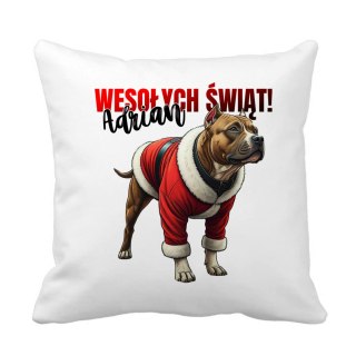Poduszka Pies Amstaf w stroju Świętego Mikołaja z dowolnym imieniem