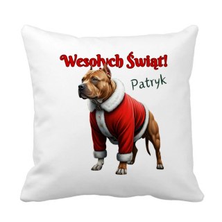 Poduszka Pies Amstaff w stroju Świętego Mikołaja z dowolnym imieniem