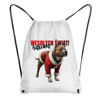 Worek Pies Amstaf w stroju Świętego Mikołaja z dowolnym imieniem