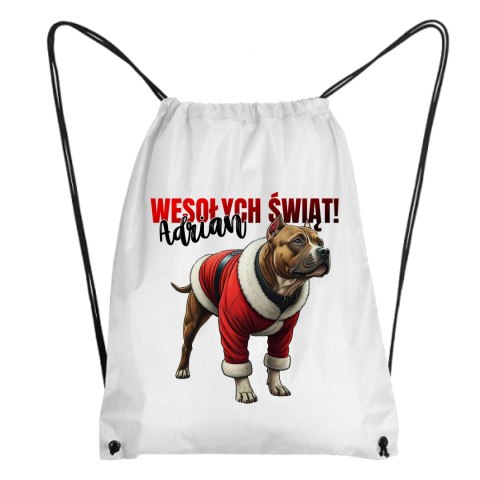 Worek Pies Amstaf w stroju Świętego Mikołaja z dowolnym imieniem