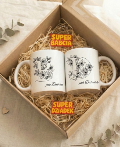Zestaw prezentowy kubki D jak Dziadek i B jak Babcia +breloczki