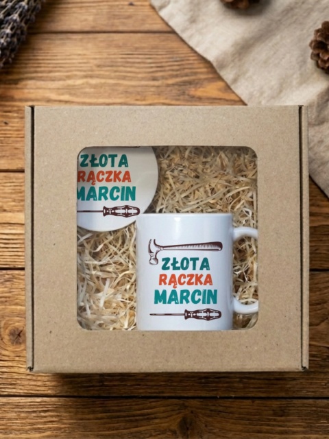 Zestaw prezentowy Złota rączka z dowolnym imieniem - kubek i podkładka