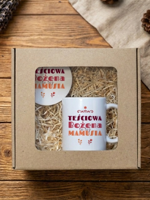 Zestaw prezentowy Teściowa to też mamusia - kubek i podkładka z dowolnym imieniem