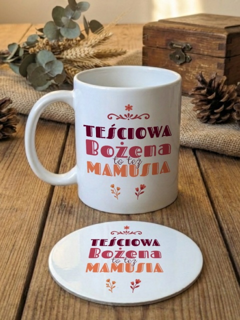 Zestaw prezentowy Teściowa to też mamusia - kubek i podkładka z dowolnym imieniem