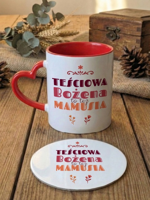 Zestaw prezentowy Teściowa to też mamusia - kubek i podkładka z dowolnym imieniem