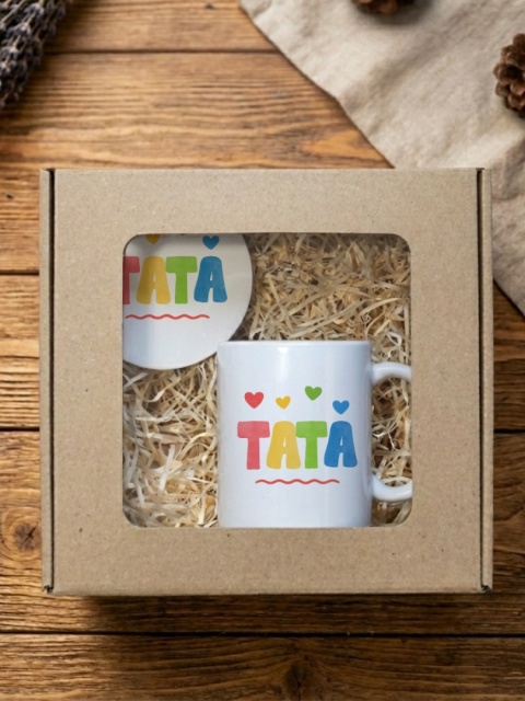Zestaw prezentowy TATA z serduszkami - kubek i podkładka z dowolnym imieniem