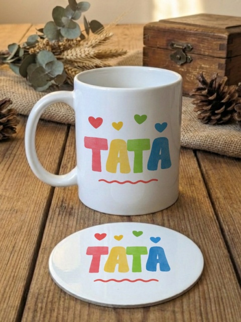 Zestaw prezentowy TATA z serduszkami - kubek i podkładka z dowolnym imieniem