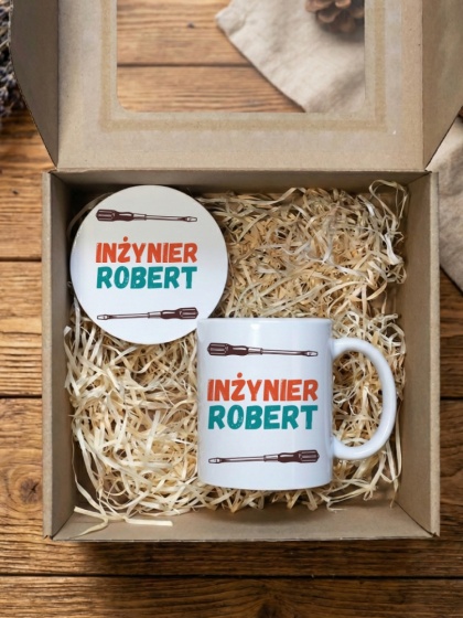 Zestaw prezentowy Inżynier z dowolnym imieniem - kubek i podkładka