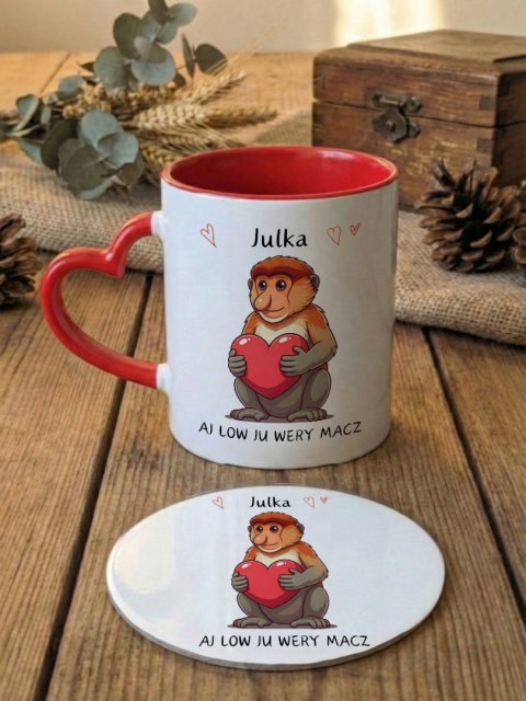 Zestaw prezentowy Nosacz z sercem AJ LOW JU - kubek i podkładka z dowolnym imieniem