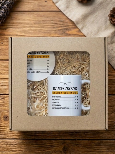 Zestaw prezentowy cennik dziadka - kubek i podkładka z dowolnym imieniem