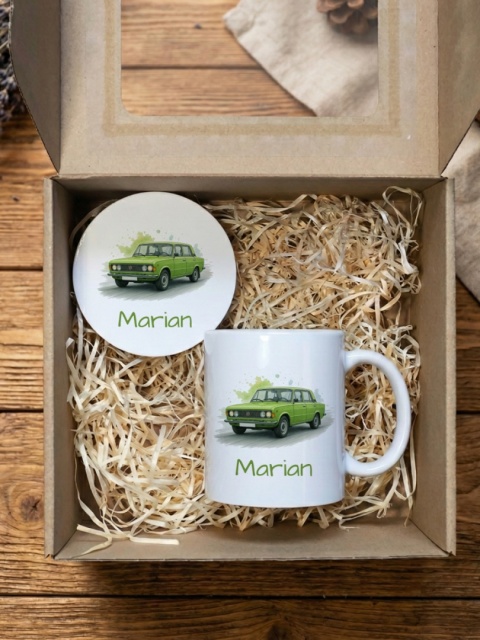Zestaw prezentowy Duży Fiat 125p - kubek i podkładka z dowolnym imieniem