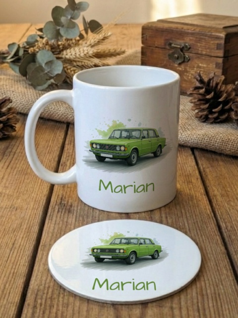 Zestaw prezentowy Duży Fiat 125p - kubek i podkładka z dowolnym imieniem