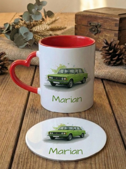 Zestaw prezentowy Duży Fiat 125p - kubek i podkładka z dowolnym imieniem