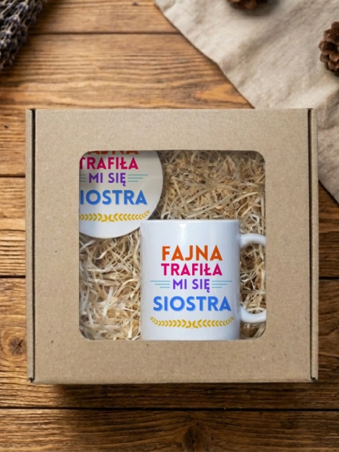 Zestaw prezentowy dla siostry - Fajna trafiła mi się siostra - kubek i podkładka