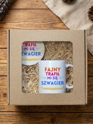 Zestaw prezentowy dla szwagra - Fajny trafił mi się szwagier - kubek i podkładka