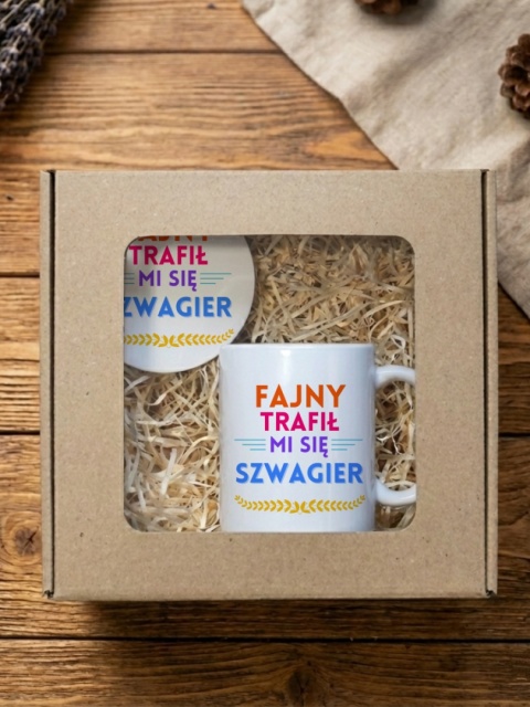 Zestaw prezentowy dla szwagra - Fajny trafił mi się szwagier - kubek i podkładka