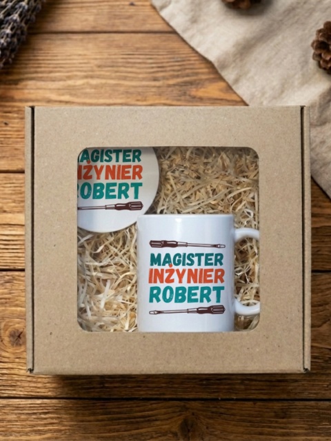 Zestaw prezentowy Magister Inżynier z dowolnym imieniem - kubek i podkładka