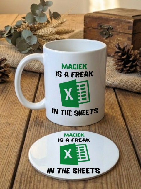 Zestaw prezentowy Excel Freak in the sheets - kubek i podkładka z dowolnym imieniem