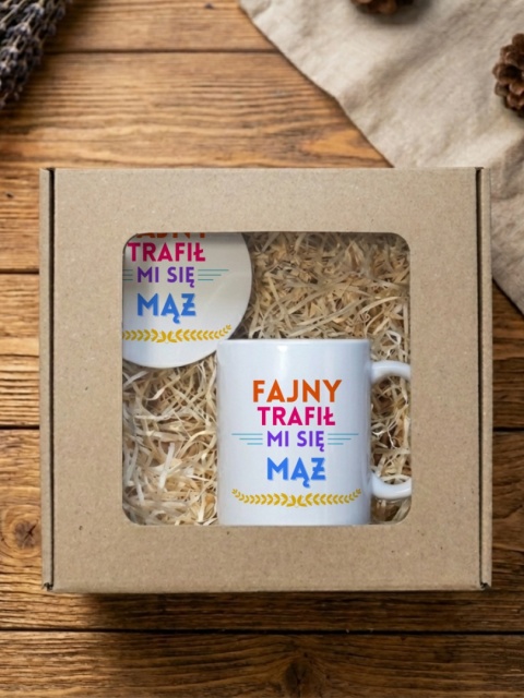 Zestaw prezentowy dla męża - Fajny trafił mi się mąż - kubek i podkładka