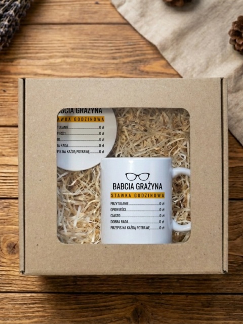 Zestaw prezentowy cennik babci - kubek i podkładka z dowolnym imieniem
