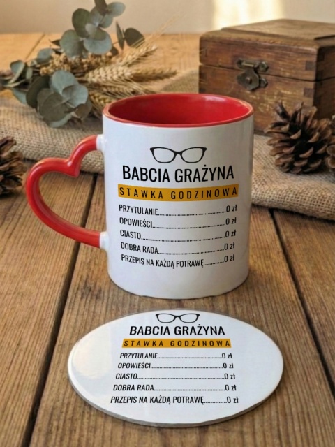 Zestaw prezentowy cennik babci - kubek i podkładka z dowolnym imieniem