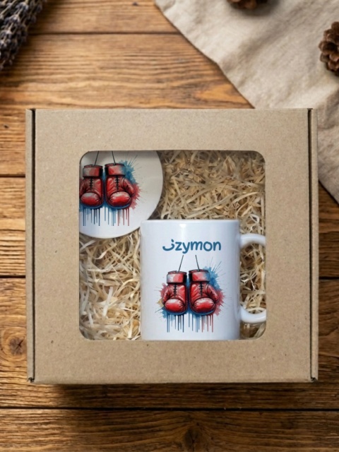 Zestaw prezentowy dla boksera - kubek i podkładka z dowolnym imieniem