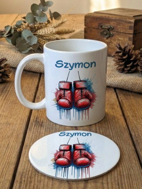 Zestaw prezentowy dla boksera - kubek i podkładka z dowolnym imieniem